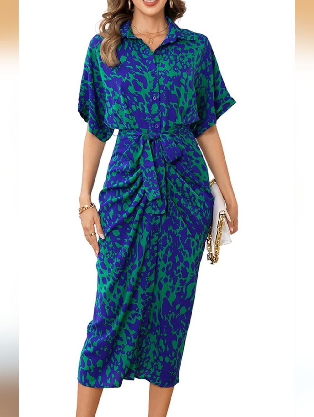 Cupshe Blue and Green Printed Midi Shirt Dress